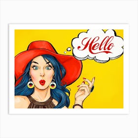 Pop Art Girl With Red Hat Over Yellow Background Art Print