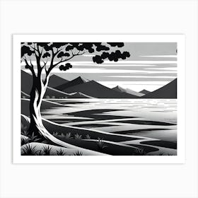 Landscape With Tree, monochromatic vector art Art Print