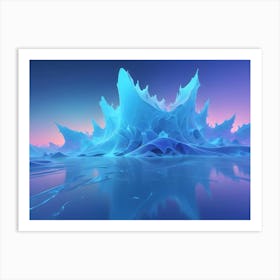 Abstract Landscape With A Blue, Ice Like Mountain In The Center Surrounded By A Reflective, Blue Water Surface Art Print