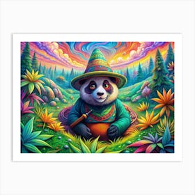 Panda Wearing A Hat Relaxing In A Colorful Landscape Art Print