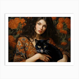 Contemporary Floral Cat And Woman 3 Art Print