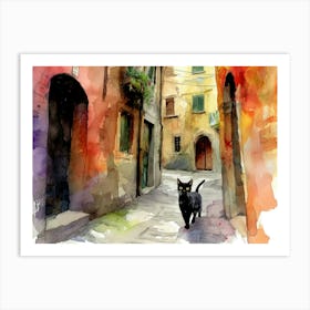 Black Cat In Verona, Italy, Street Art Watercolour Painting 2 Art Print
