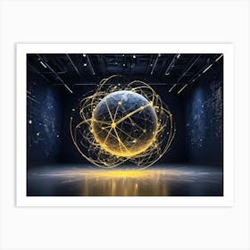 A Digital Globe With Glowing, Yellow Lines Representing Connections And Data Flow, Floating In A Dark, Futuristic Room Art Print