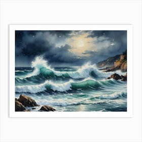 The Coastal Clash of Water and Stone Ocean Waves At Night Art Print