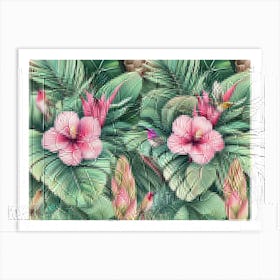 Tropical Seamless Pattern With Protea, Hibiscus Flowers, Banana Leaves, Palm, Monstera, Hummingbirds Art Print