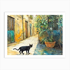 Black Cat In Palermo, Italy, Street Art Watercolour Painting 2 Art Print