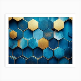 Geometric Hexagon Abstraction On Blue Background With Gold Accents 2 Art Print