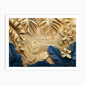 3d Tropical Leaves Art Background Golden Art Print