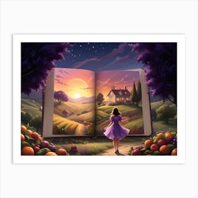 Woman Walking Toward A House On A Hillside With A Book Opening Behind Her 7 Art Print