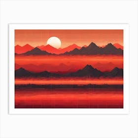 A Stylized, Pixelated Image Of A Sunset Over A Mountain Range, Creating A Digital And Futuristic Feel Art Print