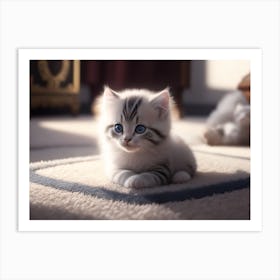 A Fluffy Kitten Playing On A Soft Carpet Art Print