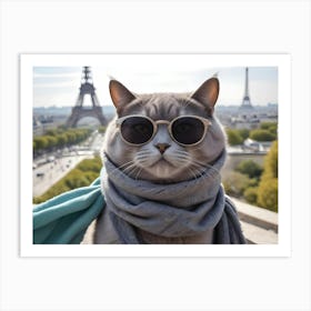 Cool Cat Wearing Sunglasses And Scarf With The Eiffel Tower In The Background 2 Art Print