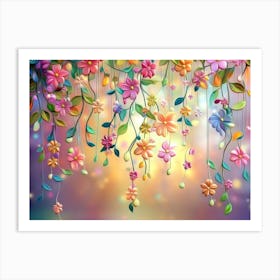 Vibrant 3d Abstract Floral Illustration with Colorful Hanging Branches and Blooming Flowers Art Print