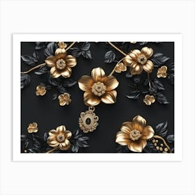 3d Artwork Illustration Background with Golden Jewelry and Flowers Art Print