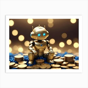 A 3d Render Of A Golden Robot Sitting On A Pile Of Gold Coins Art Print