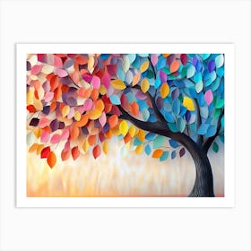 Colorful Tree With Leaves On Hanging Branches Of Blue, White And Golden Illustration Background 1 Art Print