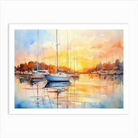 Sunset Sailboats Watercolor Painting Art Print