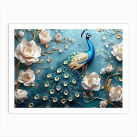 3d Peacock Illustration Golden Jewelry and Flowers Art Print