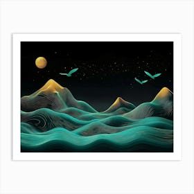 This Is A 3d With Golden Mountains, Turquoise and Black Lines and Birds 1 Art Print