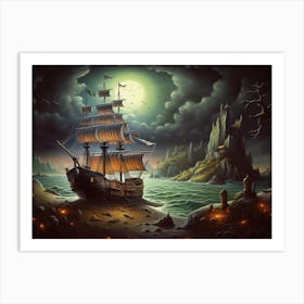 Pirate Ship At Night Art Print
