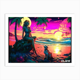 Girl And Dog On The Beach Art Print