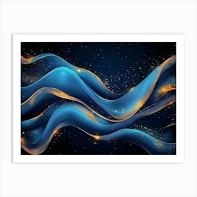 Abstract Blue And Gold Wave Design With Fluid Lines And Glowing Stars On A Dark 1 Art Print