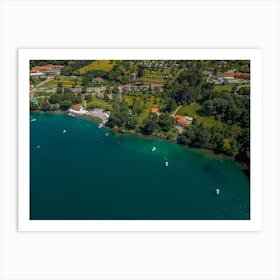 Shoreline on the lake drone photography.  Lake Orta. Italy. Art Print