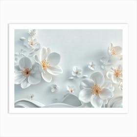 Immersive 3d Delicate White Flowers Blossoming Against A Clean White Art Print