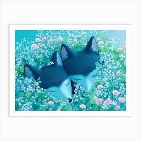 Two Wolves In Flowers Art Print