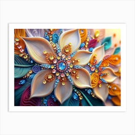 Elegant 3d Colorful Diamond Painting Pattern Flowers with Leaves Art Print