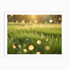 A Close Up Shot Of A Grassy Field At Sunset, With Water Droplets And Bokeh Effects 1 Art Print