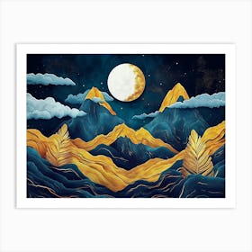 3d Modern Landscape, Dark Blue Background and Moon Art Print