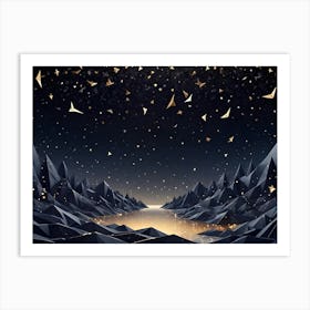 Abstract Landscape Of Low Poly Mountains, A Glowing River, And A Starry Sky With Falling Golden Stars, Creating A Magical And Surreal Scene Art Print