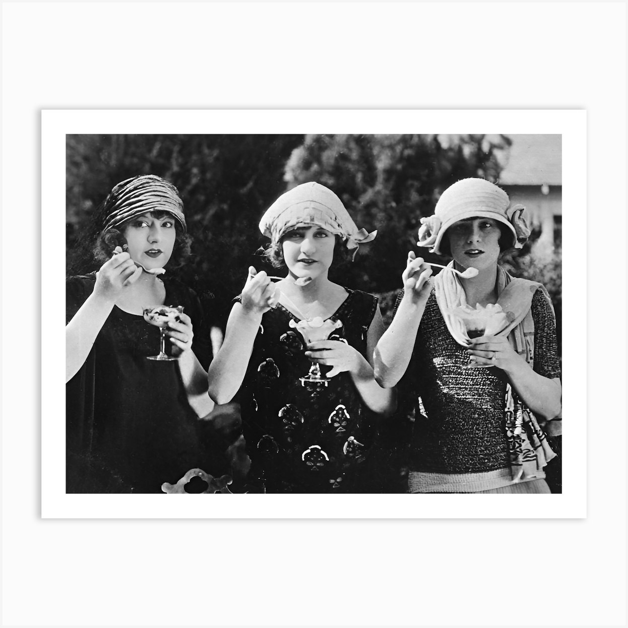 Three Women In Hats Eating Ice Cream, Vintage Black and White Old Photo Art Print by Vibrant Vintage