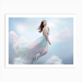 Girl Levitating Amidst Wispy Translucent Clouds Against A Soft Pastel Sky Flowing Dress Trailing G 1 Art Print