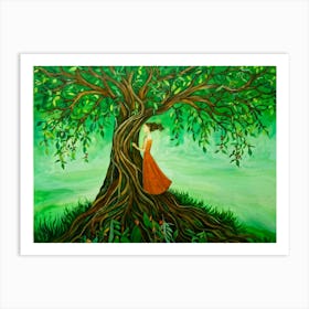 Painting Of A Fantastical Woman Entwined Within The Sprawling Branches Of An Ancient Enchanted Tree Art Print