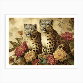 Floral Animal Illustration Snow Leopard 2 Art Print