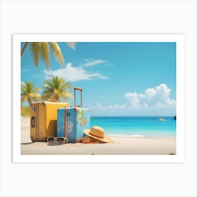 Two Suitcases And Beach Accessories On A Tropical Beach With Palm Trees And Turquoise Sea In The Background 1 Art Print