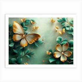 3d Art Abstract Floral Background With Green Flowers And Golden Butterfly 3 Art Print