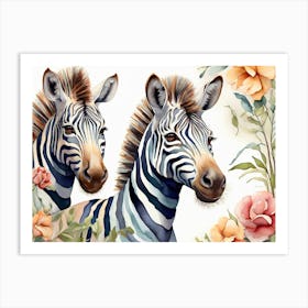 Zebras Floral Watercolor Art Print