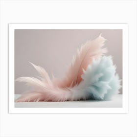 A Still Life Image Of Pastel Colored Feathers, Arranged In A Dramatic, Flowing Composition On A White Surface Art Print