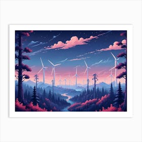 Wind Turbines Stand Tall On A Mountain Ridge Overlooking A Valley With A River Art Print