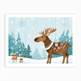 Illustration Of A Baby Moose In A Serene Scandinavian Winter Forest Clearing Surrounded By Twinklin Art Print