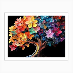 3d Tree Abstract Colorful Flower on Black Art Print