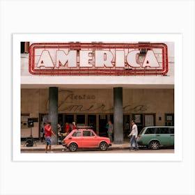 Havana Cuba City Theatre Vintage Sign Red Car Art Print