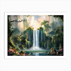 Majestic Waterfall Forest with Flowers Painting #4 Art Print