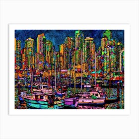 Vancouver Ocean Side - City Skyline At Night Art Print