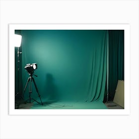 A Professional Photography Studio Set Up With A Green Screen, Lights, And A Camera On A Tripod Art Print