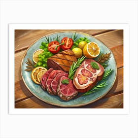 Delicious Grilled Steak With Lemon And Tomatoes On A Plate Art Print