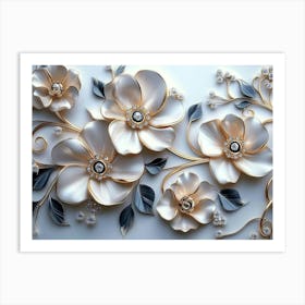 Majestic 3d Artwork Design, White and Blue Tones, Golden Jewelry, Black Floral Motifs Art Print